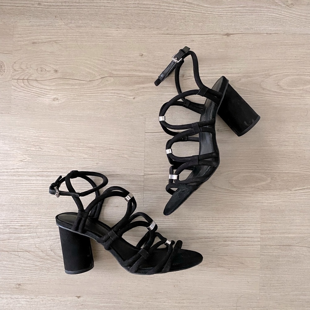 REBECCA MINKOFF suede strappy black heels sandals